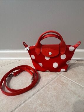 Longchamp Red and White Polka Dot Small Top-Handle Crossbody Bag